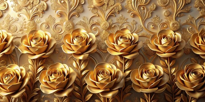 Luxurious gold-toned flowers are arranged in a beautiful row on a stunning wallpaper background, evoking feelings of opulence and elegance , flowers, luxury