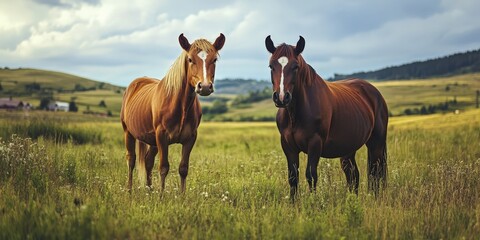 Fototapeta premium A cow and a horse standing together in a pasture