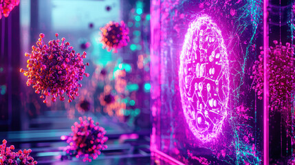 Futuristic visualization of a digital brain surrounded by colorful virus particles in a lab