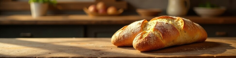 Warmly lit rustic French bread on wooden table, french, kitchen