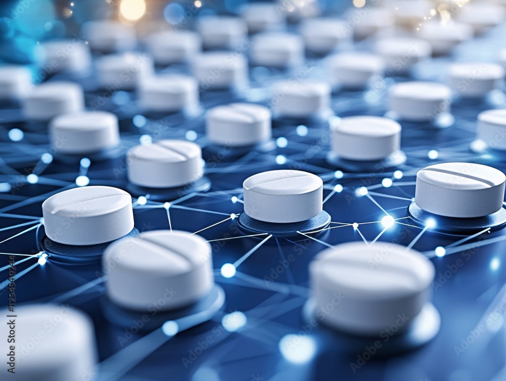 Poster white pills arranged on connected network with blue background and bokeh lights effect