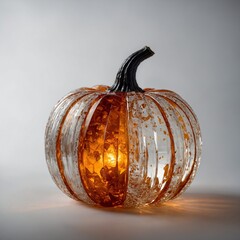 A Halloween-themed crystal pumpkin, with glowing amber light pure white background