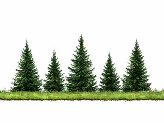 Obraz premium Five fir trees, green grass, white background, nature scene, design element
