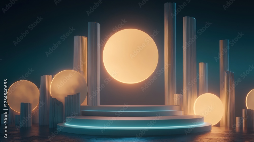 Poster luminous spheres and elegant columns create a captivating and modern architectural display