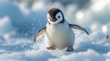 Adorable baby penguin playfully waddling across icy terrain, surrounded by sparkling snowflakes