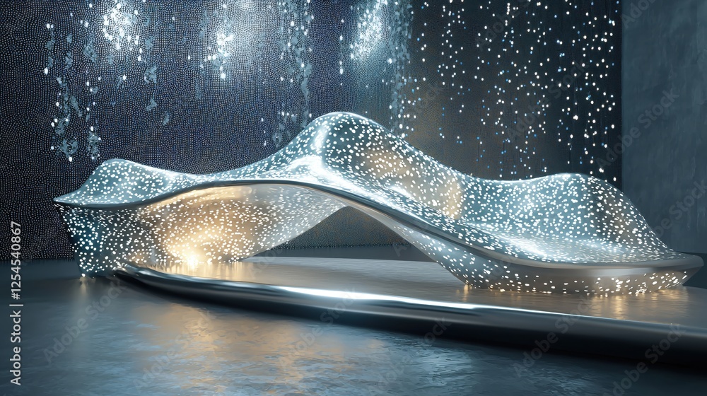 Poster futuristic silver structure with glowing dots and dark background creating a modern ambiance
