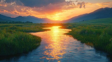 Breathtaking Sunset Over a Serene Mountain River