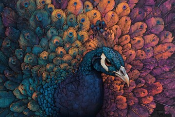 Fototapeta premium A detailed portrait of a peacock's vibrant feathers,