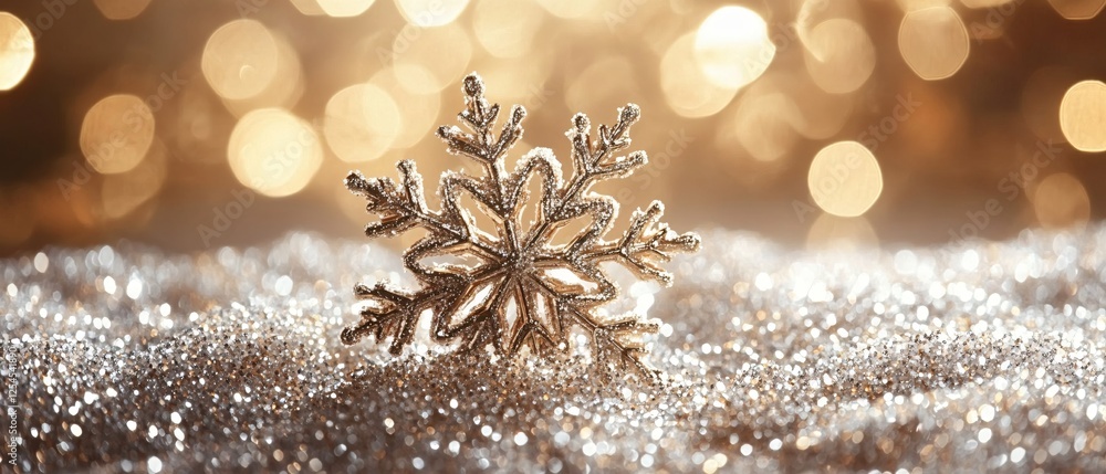 Poster golden snowflake on sparkling surface with blurred bokeh background for festive season