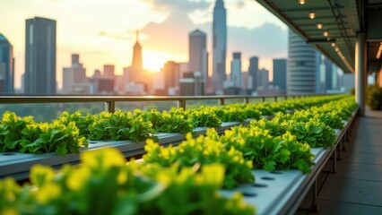 Fototapeta premium Urban rooftop hydroponic farm with rows of lettuce and city skyline in background 