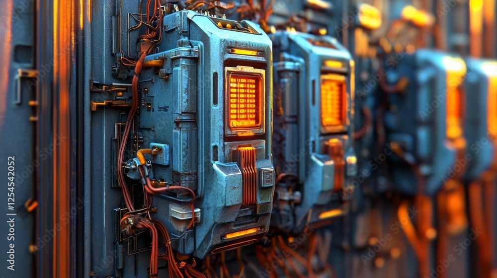 Poster futuristic control panel with glowing elements and intricate wiring in a high-tech environment