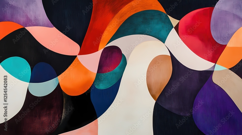 Poster vivid abstract composition with interlocking shapes and bold colors on a dark textured canvas