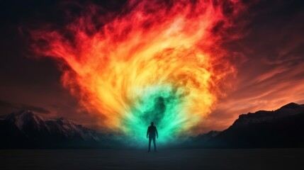 Silhouette of a man standing before a swirling, fiery, colorful sky.  A dramatic and surreal scene.