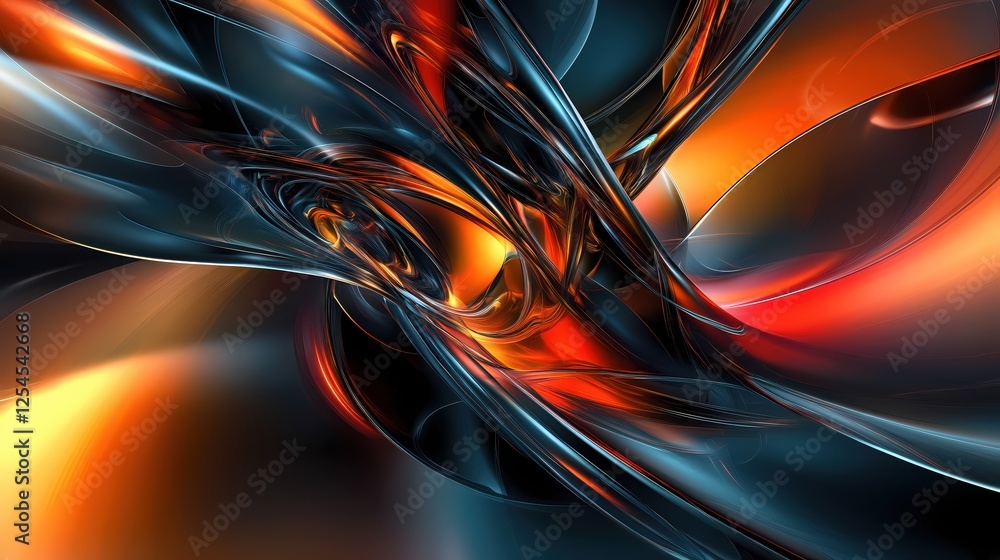 Poster abstract fluid art with dynamic orange and blue swirls creating a modern futuristic design