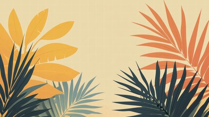 Vibrant Tropical Leaves Illustration in Warm Hues - Perfect for Nature-Themed Art and Background Designs, Ideal for Various Creative Projects.
