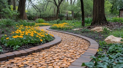 Obraz premium Serene garden pathway winding through vibrant flowers and lush greenery in a peaceful setting