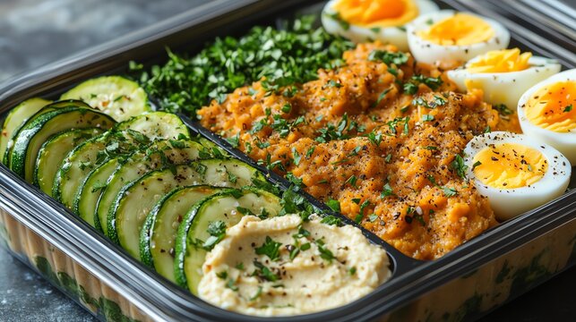 Deliciously arranged meal box with hummus, sliced cucumbers, boiled eggs, and flavorful spices. Perfect for healthy eating and meal prep. A colorful and nutritious option. - Powered by Adobe
