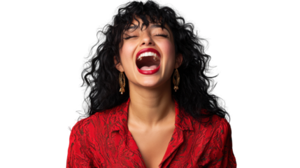 Young latin woman with red lipstick is laughing out loud on transparent background