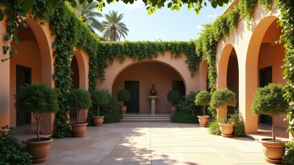 Fototapeta premium Mediterranean-style rooftop garden with arched walkways, potted plants, and vines 