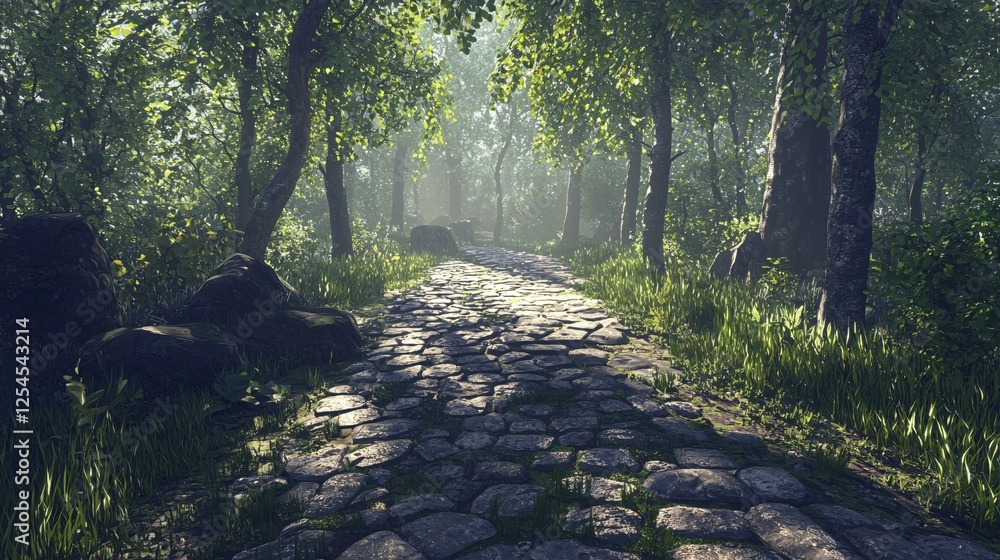 Poster sunlight dappled stone path through lush green forest trees creating a serene ambience