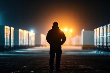 Fototapeta premium Experienced Professional in Dark Warehouse Maintaining Production Lines at Night