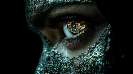 Human eye with digital matrix reflection showing binary code, representing artificial intelligence and cybersecurity concept in modern technology