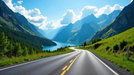 Fototapeta premium Asphalt ribbon winding through a majestic mountain landscape, alongside a serene lake reflecting the brilliant sunlight on a cloud-filled sky.