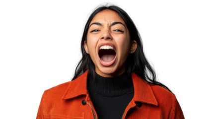 Young woman shouting with transparent background: frustration and anger concept