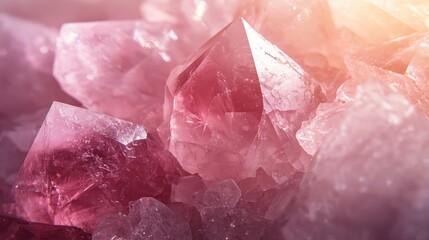 Radiant rose quartz crystals in soft light create a serene and ethereal gemstone texture