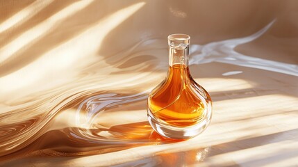 Elegant glass bottle filled with amber liquid casting shadows on a textured surface