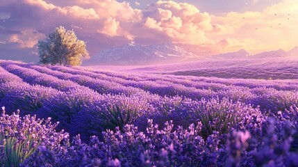 Fototapeta premium Serene lavender field under a pastel sky with distant mountains and a solitary tree beauty