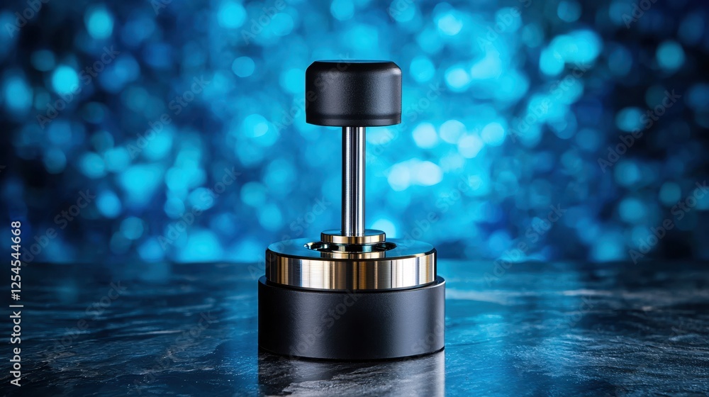Poster sleek metal object on a textured surface with a blurred blue bokeh background studio shot