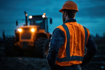 Proactive Technician Inspecting Heavy Duty Machines in Low Light Conditions Outdoors