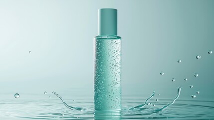 Aqua bottle with water splash creating a refreshing and clean ambiance for skincare product