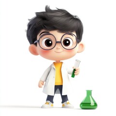 Cute boy scientist, lab, experiment, beaker, green liquid, white background, education