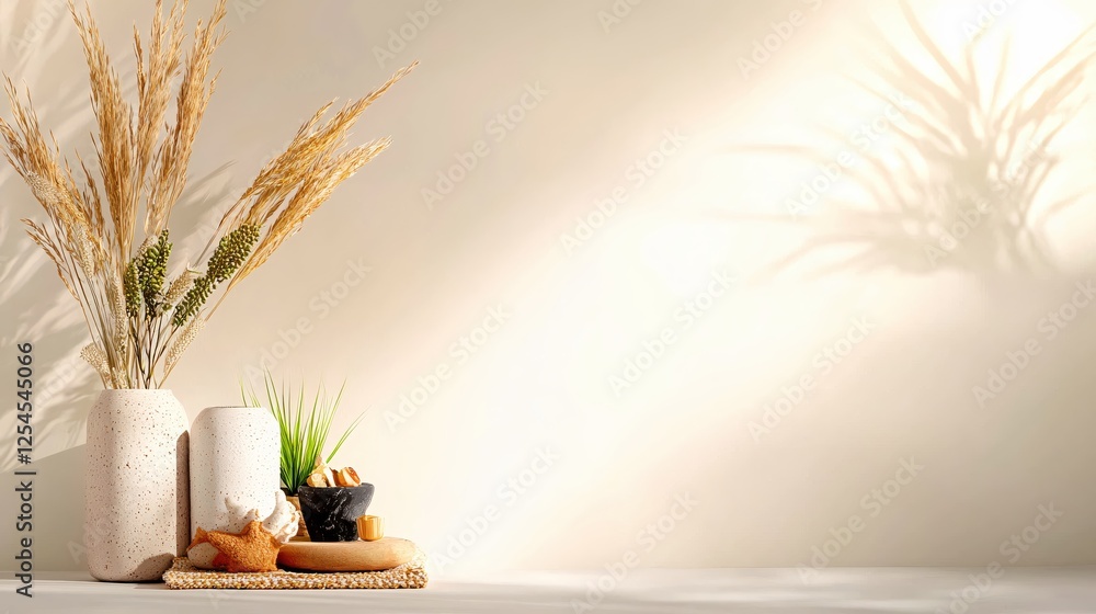 Aufkleber serene still life featuring pampas grass in vases with decorative objects on neutral background
