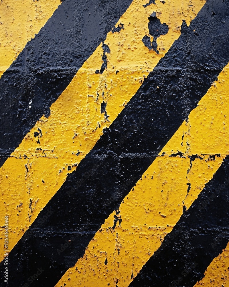 Poster diagonal yellow and black stripes on textured surface with peeling paint creating abstract pattern