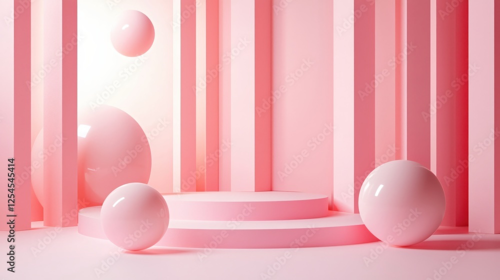 Poster soft pink geometric still life with spheres and rectangular columns in a minimalist style