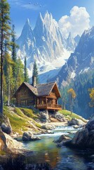 Fototapeta premium Serene Wooden Cabin by Tranquil River Surrounded by Majestic Mountains