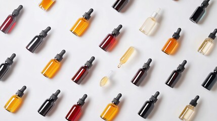 Colorful Essential Oil Dropper Bottles Pattern on White Background for Natural Skincare Concept