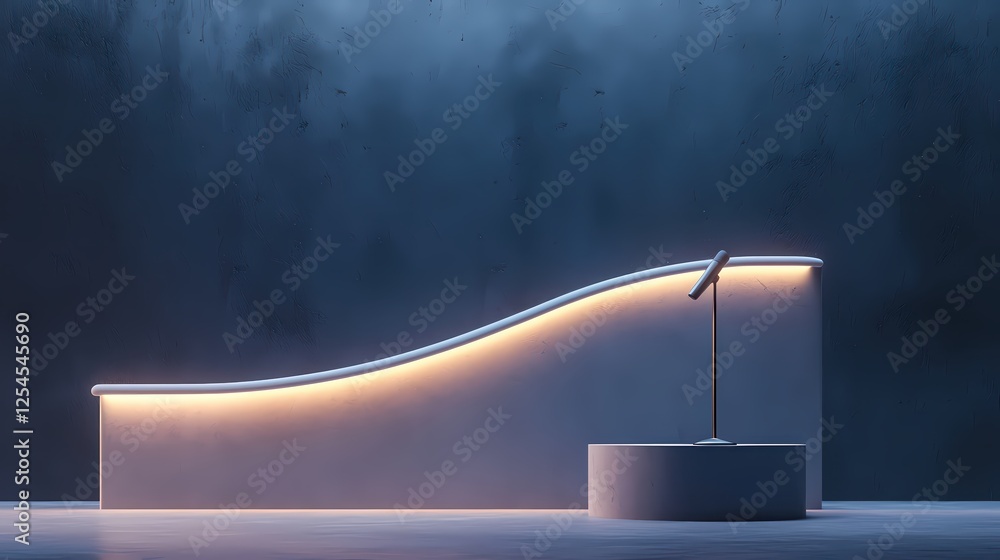 Poster minimalist stage with illuminated curve and microphone for presentation or product display