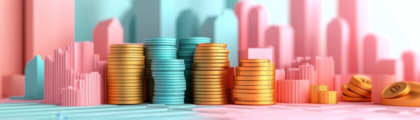 A vibrant composition of stacked coins in gold, teal, and pink, set against colorful geometric shapes representing financial growth and investment.