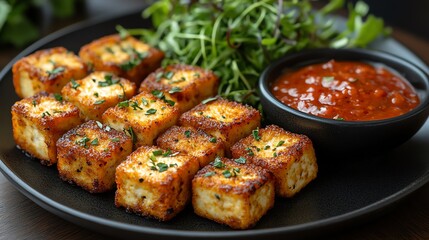 Deliciously crispy tofu cubes served with a rich tomato sauce and fresh herbs on the side