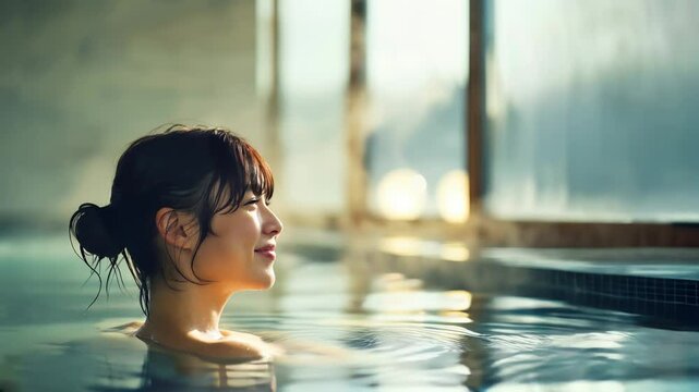 温泉・風呂の湯舟・大浴場でリラックスしている日本人女性（美人モデル）