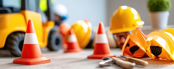 Fototapeta premium Construction Safety Equipment Still Life with Hard Hats Cones and Tools on a Light Surface