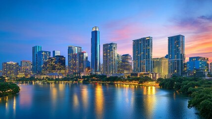 Naklejka premium Beautiful Evening Skyline of Austin with Vibrant City Lights