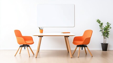 Modern office workspace with orange chairs, whiteboard, and plant in a bright environment