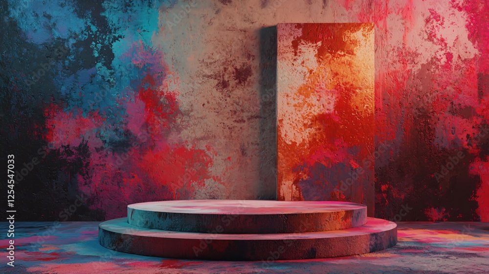 Poster artistic display platform with vibrant color palette and textured wall backdrop for product showcase