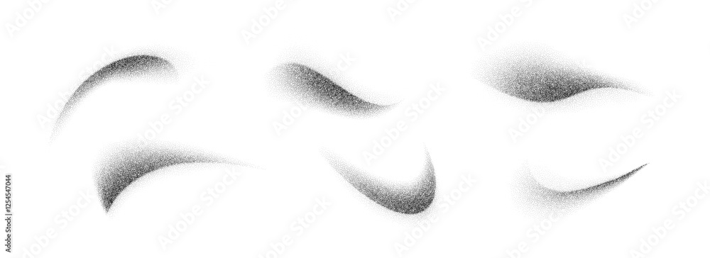 Aufkleber Stippled curved brush stroke collection. Wavy grainy spray element set. Black flowing sand splash pack. Dotted noise gradient shade bundle. Splattered dust particle texture waves. Vector