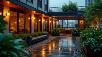 Obraz premium Cozy urban rooftop garden with warm lights, wet pavement, and lush greenery 